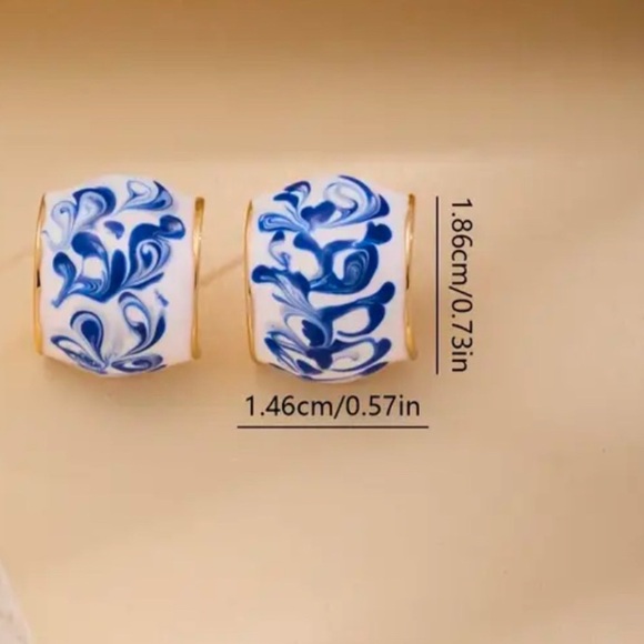 14K Gold Plated Blue | White Marbled Enamel Huggie Mini Hoops Earrings NEW - Picture 7 of 12